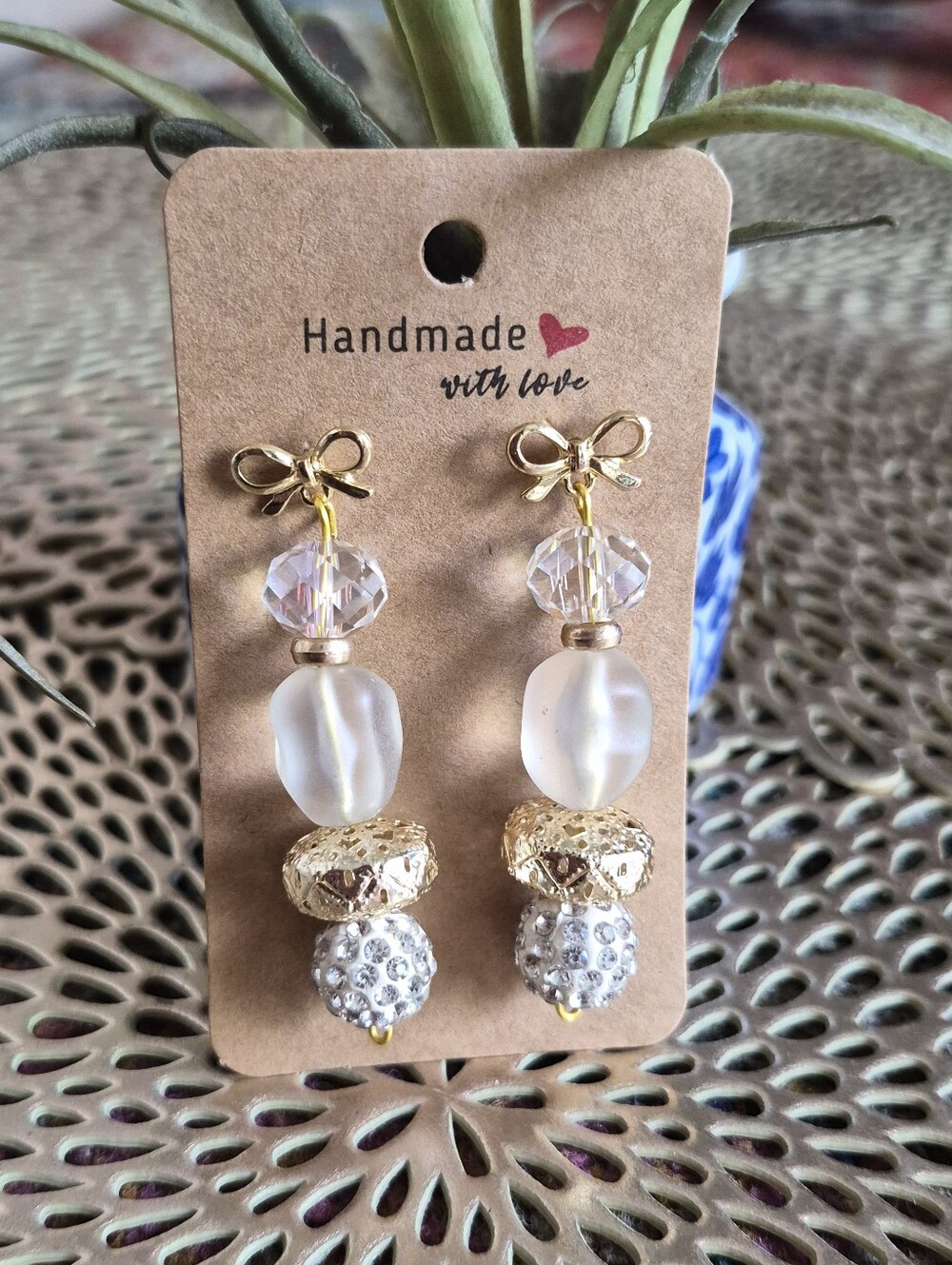 Handmade Gold and Crystal Bead Drop Earrings